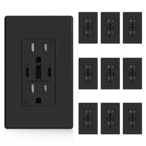 ELEGRP USB Outlets, 30W 6.0 Amp USB C Outlets Receptacles, 3-Port USB Wall Outlet, 15 Amp Tamper-Resistant Outlet with 2 USB C Ports, UL Listed, Screwless Wall Plate Included, 10 Pack, Matte Black