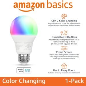 Amazon Basics Smart A19 LED Light Bulb, Color Changing, 9W (60W Equivalent), 800LM, Works with Alexa Only, WiFi 2.4 GHz, No Hub Required, Mood Lighting, Energy Efficient, 1-Pack