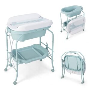 HONEY JOY 2-in-1 Baby Bathtub & Changing Table, Foldable Infant Diaper Changing Station with Wheels, Storage Tray, Waterproof Pad, Portable Newborn Nursery Organizer Bath Stand for Boys Girls (Blue)