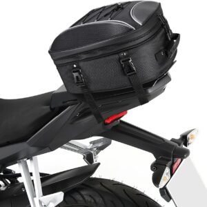 KEMIMOTO Motorcycle Tail Bag, Dual Use Motorcycle Rear Seat Bag with Waterproof Rain Cover, 22L-34L Expandable Motorbike Helmet Bag Luggage Storage Backpack with 6 straps