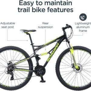 Schwinn Traxion Mountain Bike for Adult Men Women, 29-Inch Wheels, Full Suspension, 24-Speed Shimano Drivetrain, Trigger Shifter, 18-Inch Aluminum Frame, Mechanical Disc Brake, Matte Grey/Neon Green