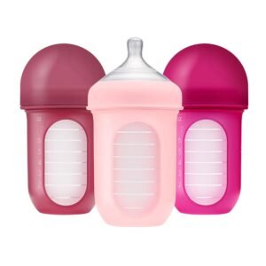 Boon Nursh Bottles - Silicone Baby Bottles Help Ease Colic Symptoms - Reusable Food-Grade Silicone Pouches with Polypropylene Shell - Medium Flow - 8 Oz - Pink