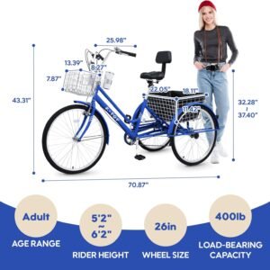 24/26 Inch Tricycle for Adults, 7 Speed Beach Cruiser Bike Adult Tricycles for Women Men, 3 Wheel Bikes for Adults Large Seat with Backrest, Three Wheel Bikes with Front & Rear Baskets