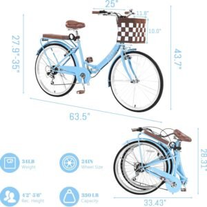Foldable Beach Cruiser Bike for Women, 24/26 Inch Bikes for Women, 7 Speed Commute Bike with Basket Adult Womens Bicycles Folding Cruiser Bikes, City Commuting's Bicycle, Dual V-Brake