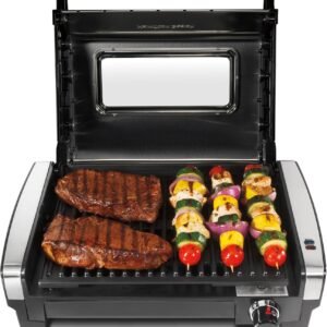 Hamilton Beach Electric Indoor Searing Grill with Viewing Window & Adjustable Temperature Control to 450F, 118 sq. in. Surface Serves 6, PFAS-Free Removable Nonstick Grate, Stainless Steel