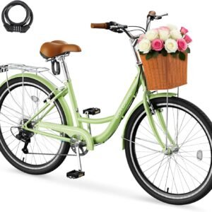 MOONCOOL Womens Bike 7 Speed, 24 26 inch Beach Cruiser Bikes for Women, Step Through Adult Bicycle with Front Basket for City Commuting