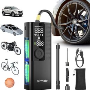 Airmoto Tire Inflator Portable Air Compressor - Air Pump for Car Tires with Digital Pressure Gauge, LED Light and Auto Shut-Off Function - Cordless Pump for Car, Motorcycle, Bicycle, Ball