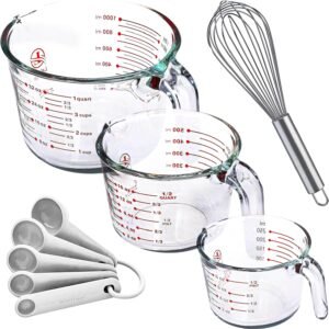 Le'raze Set of 3 Glass Measuring Cups with Measuring Spoons & Whisk - Kitchen Mixing Bowl Liquid Measure Cup, Glass Bakeware. 1 cup, 2 cup, 4 cup., Multi Size, Clear