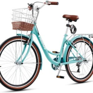 VIRIBUS Womens Cruiser Bike, 7 Speed Beach Cruiser Bike for Women, 26 inch Women Bicycle with Rattan Basket, City Commuter Vintage Retro Step Through Bicycle for Female Ladies Seniors, 330 Lb.