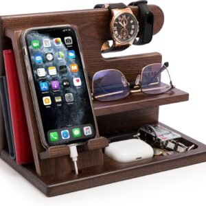 TESLYAR Wood Phone Docking Station for Men - Desktop or Nightstand Organizer - Birthday Gifts for Men, Dad - Anniversary Idea from Wife - Key Holder, Stand Wallet, Watch & Essentials (Bourbon Brown)