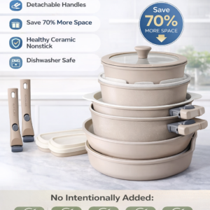SENSARTE 17 Piece Ceramic Pots and Pans Set, Nonstick Detachable Handle Cookware, Induction Kitchen Cookware Set with Removable Handle, Dishwasher ＆ Oven Safe (Almond Beige)