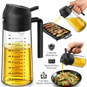 TrendPlain 16oz/470ml Glass Olive Oil Sprayer for Cooking – 2 in 1 Olive Oil Dispenser Bottle for Kitchen Gadgets and Air Fryer Accessories, Salad, BBQ - Black
