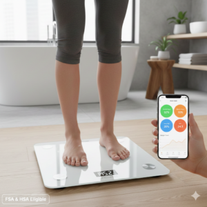Smart Digital Body Fat Scale – FSA/HSA Eligible Bluetooth Bathroom Scale for BMI, Muscle Mass & Weight | Syncs with Fitness Apps, Tempered Glass with LED Display  Short Description: Go beyond just pounds. This FSA/HSA eligible smart scale tracks 13+ essential health metrics, including BMI and body fat, syncing instantly to your favorite fitness apps via Bluetooth.