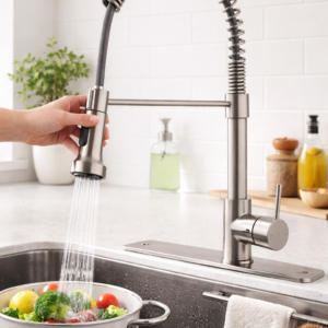OWOFAN Kitchen Faucet with Pull Down Sprayer Brushed Nickel Stainless Steel 1 Handle Pull Out Spring Sink Faucets 1 Hole Or 3 Hole Dual Function for Farmhouse Camper Laundry Utility Rv Wet Bar