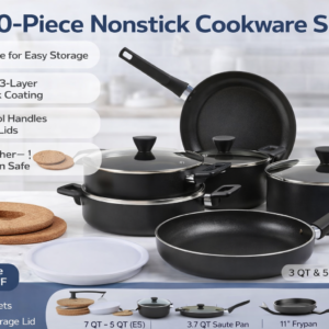 Amazon Basics Stackable Ceramic Non-Stick Cookware Pots and Pans Set, 10-Piece, Space Saving